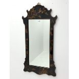 Chinese black lacquered shaped wall mirror fitted with bevelled plate, 54cm x 108cm