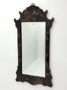 Chinese black lacquered shaped wall mirror fitted with bevelled plate, 54cm x 108cm