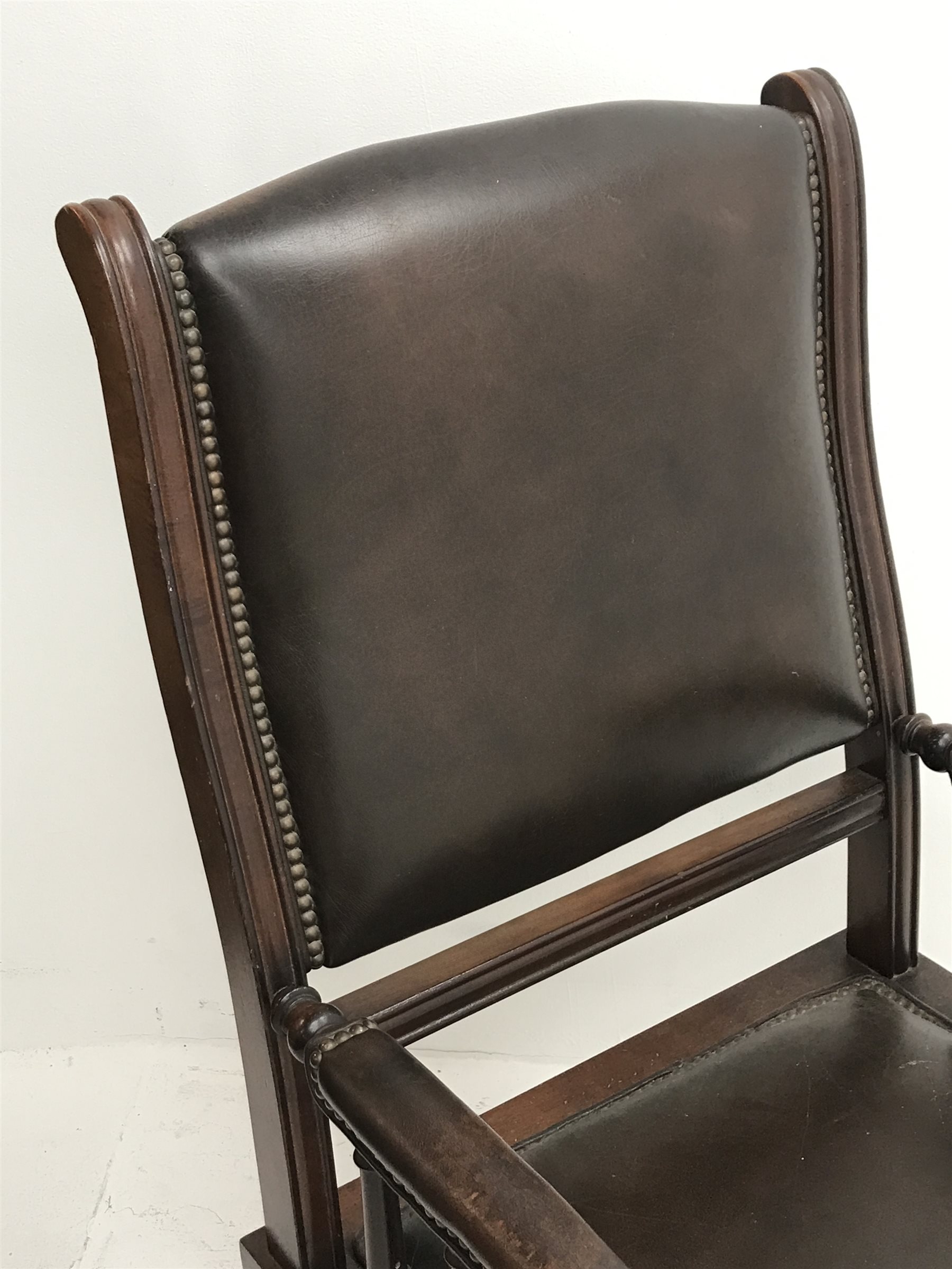 19th century mahogany framed American rocking armchair, seat, back and arms upholstered in brown stu - Image 3 of 5