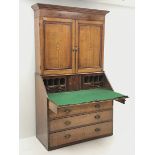 Early 19th century oak and mahogany banded bureau bookcase, projecting cornice over figure frieze an