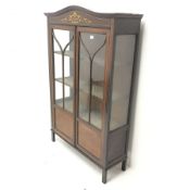 Edwardian inlaid mahogany display cabinet, two astragal glazed doors enclosing lined interior, squar