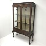 Early 20th century mahogany display cabinet, two glazed doors enclosing lined interior above two dra