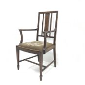 Edwardian inlaid mahogany armchair, drop in needlework seat, square tapering supports on spade feet,