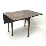 18th century mahogany side table, rectangular drop leaf top, on cabriole supports with pad feet, 113