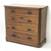 Late Victorian pitch pine chest fitted with two short and three long drawers, plinth base, W109cm, H