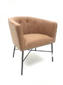 Tub shaped easy chair upholstered in tan faux leather, metal X framed base, W68cm