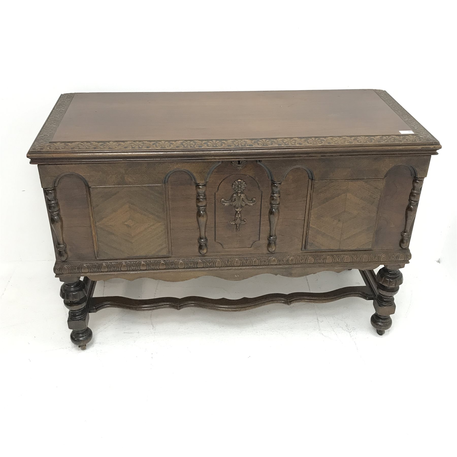 20th century walnut blanket chest, hinged top with relief carved foliate banding, on turned and carv - Image 2 of 7