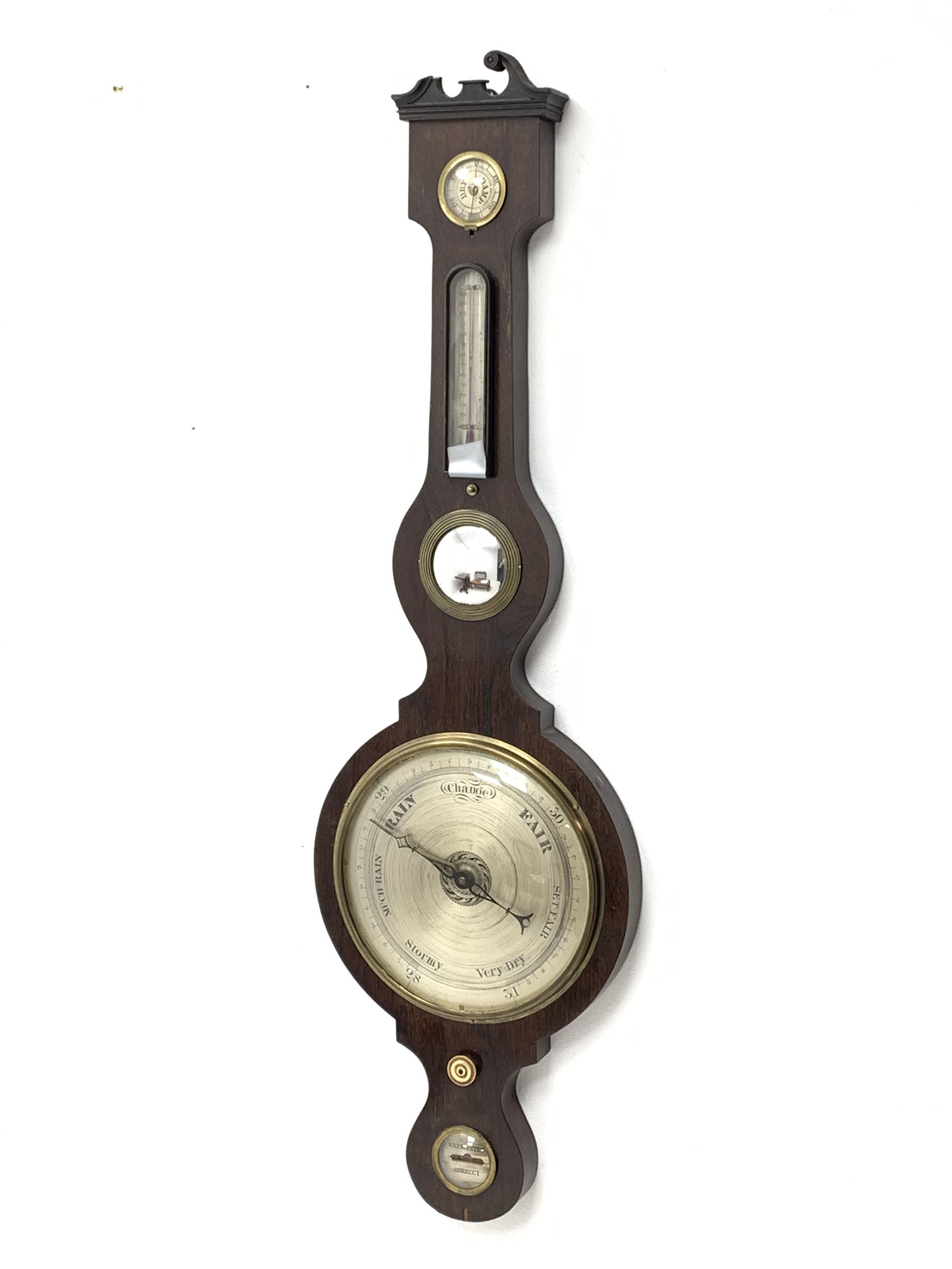 Early 19th century rosewood five dial banjo barometer, swan neck pediment, circular silvered dial wi - Image 5 of 7