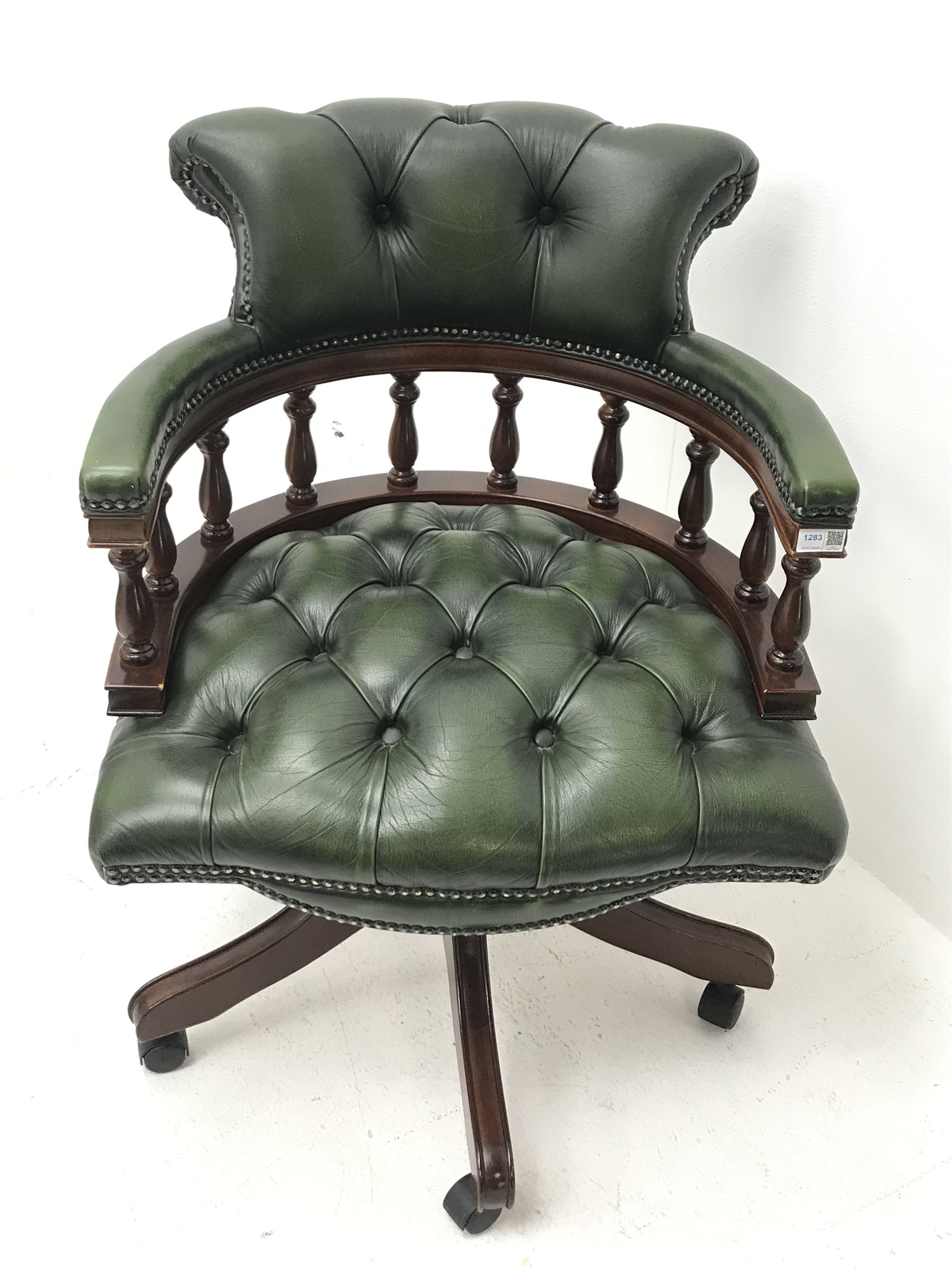 Reproduction mahogany captains office swivel armchair upholstered in buttoned green leather, W64cm - Image 2 of 3