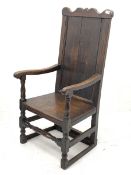 18th century oak Wainscot chair, shaped cresting rail over panelled back with moulded slip, turned a