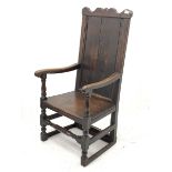 18th century oak Wainscot chair, shaped cresting rail over panelled back with moulded slip, turned a