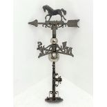 Late 20th century weather vane, horse pediment and two polished metal spheres to column, H77cm