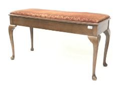 Early 20th century mahogany duet piano stool, upholstered hinged seat enclosing storage compartment,