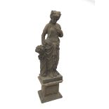 Hand carved stone classical female figure carrying flowers on plinth base