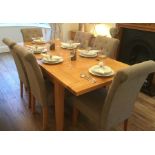 Light oak extending dining table, two leaves, square tapering supports and six Very roll top high ba