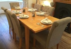 Light oak extending dining table, two leaves, square tapering supports and six Very roll top high ba