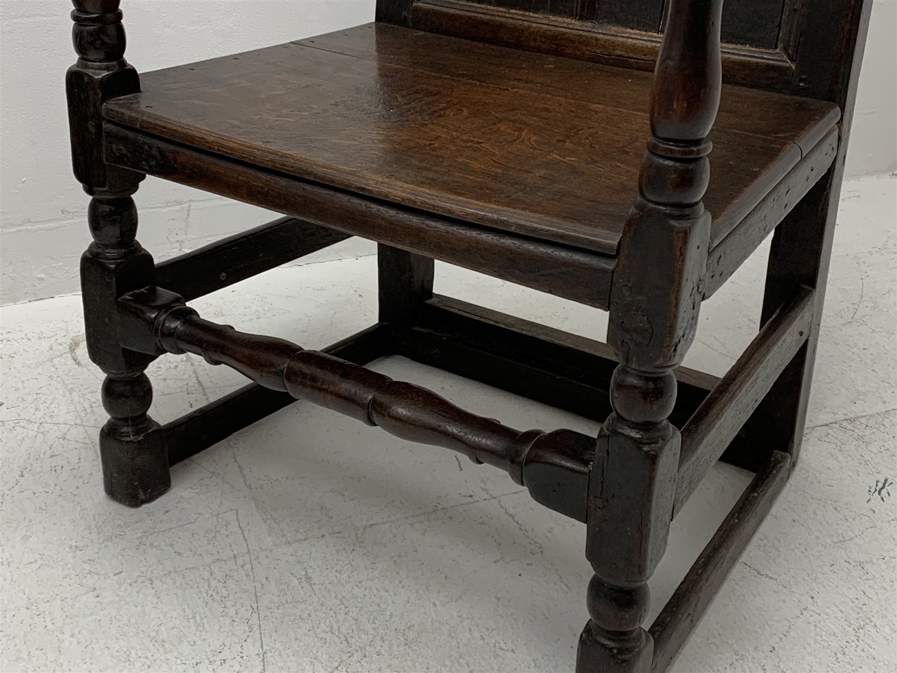 18th century oak Wainscot chair, shaped cresting rail over panelled back with moulded slip, turned a - Image 3 of 7