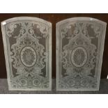 Pair etched arched glass panels, decorated with central foliate cartouche and scrolled foliage, W55c