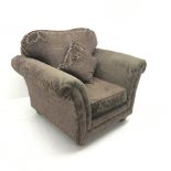 Armchair upholstered in aubergine embossed fabric, turned supports, W112cm