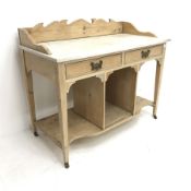 Victorian pine washstand with marble top, raised shaped back, two drawers, square tapering supports