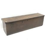 18th century oak six plank sword box, the frieze decorated with zig-zag pattern, hinged lid on woode