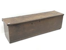 18th century oak six plank sword box, the frieze decorated with zig-zag pattern, hinged lid on woode