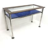 Chrome and mahogany framed display counter, W126cm, H83cm, D59cm