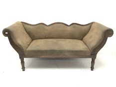 Early 20th century oak framed upholstered settee, shaped cresting rail and raised scrolled arms, on