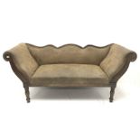 Early 20th century oak framed upholstered settee, shaped cresting rail and raised scrolled arms, on