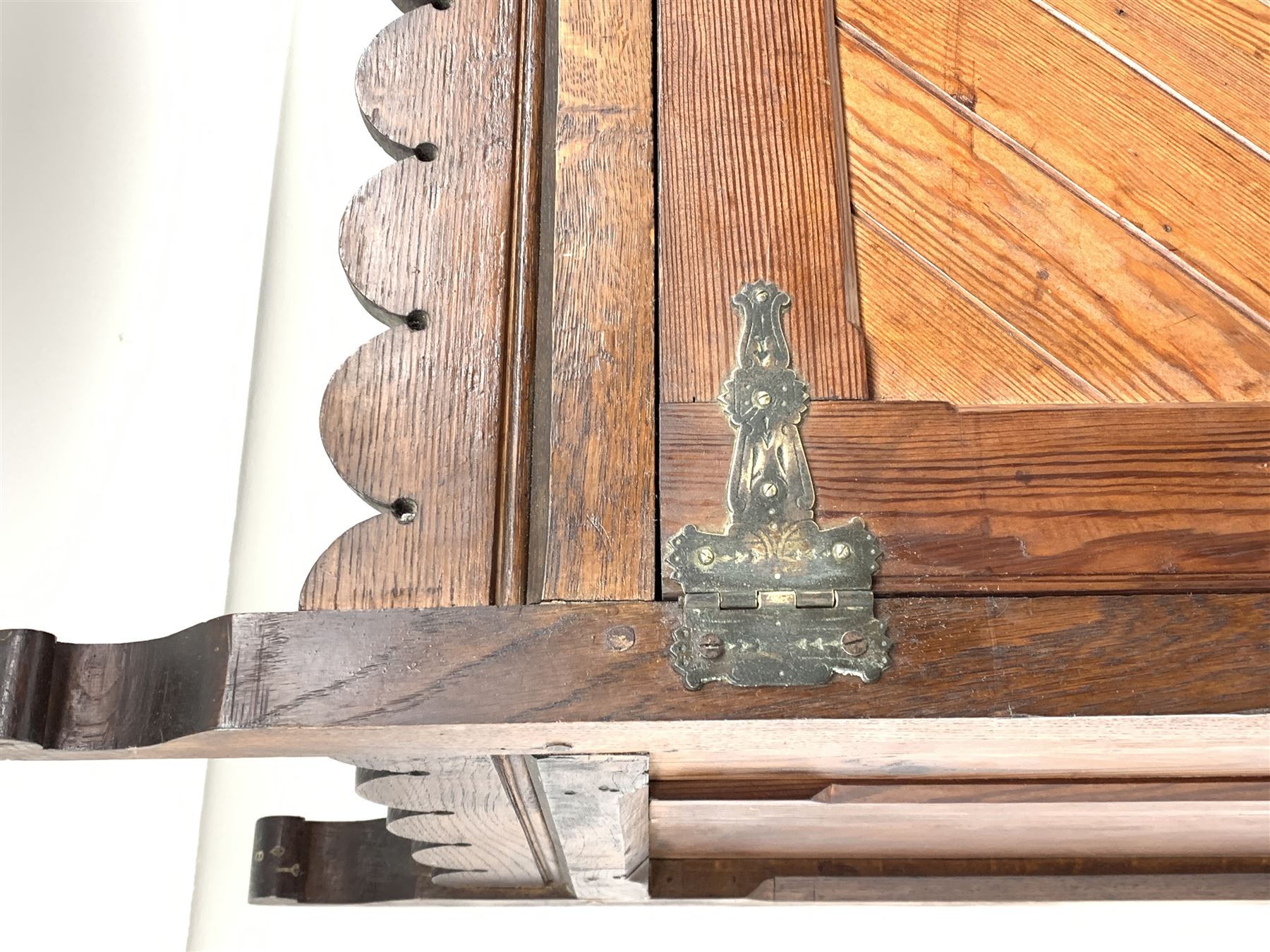 Late Victorian Aesthetic movement pitch pine and oak hall wardrobe, two paneled doors enclosing hook - Image 2 of 3