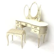 French style cream and gilt kidney shaped dressing table, three piece raised mirror back, one long a