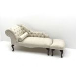 Small chaise longue, serpentine back, scrolling arm, upholstered deep buttoned cream damask fabric (