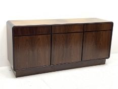 Late 20th century hardwood veneer sideboard, rounded rectangular front fitted with three drawers and