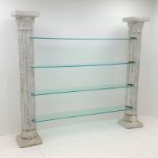 Architectural four shelf glass shelving unit supported by two Corinthian columns, W205cm, H179cm, D3