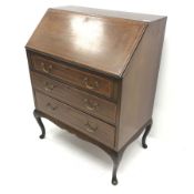 Edwardian inlaid mahogany bureau, fall front enclosing fitted interior, three graduating drawers, ca