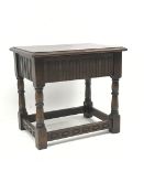 20th century medium oak stool, single drawer, W50cm, H45cm, D37cm