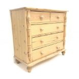 Solid pine serpentine top chest, two short and three long drawers, turned supports, W100cm, H91cm, D