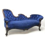 Victorian rosewood chaise longue, shaped buttoned back with c scroll cresting rail, carved and mould
