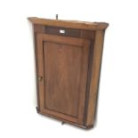 19th century inlaid mahogany corner wall cupboard, projecting cornice, single door enclosing three s