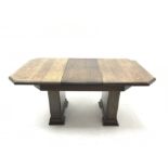 'The Celerity Patent' - Early 20th century oak extending dining table, canted rectangular moulded to