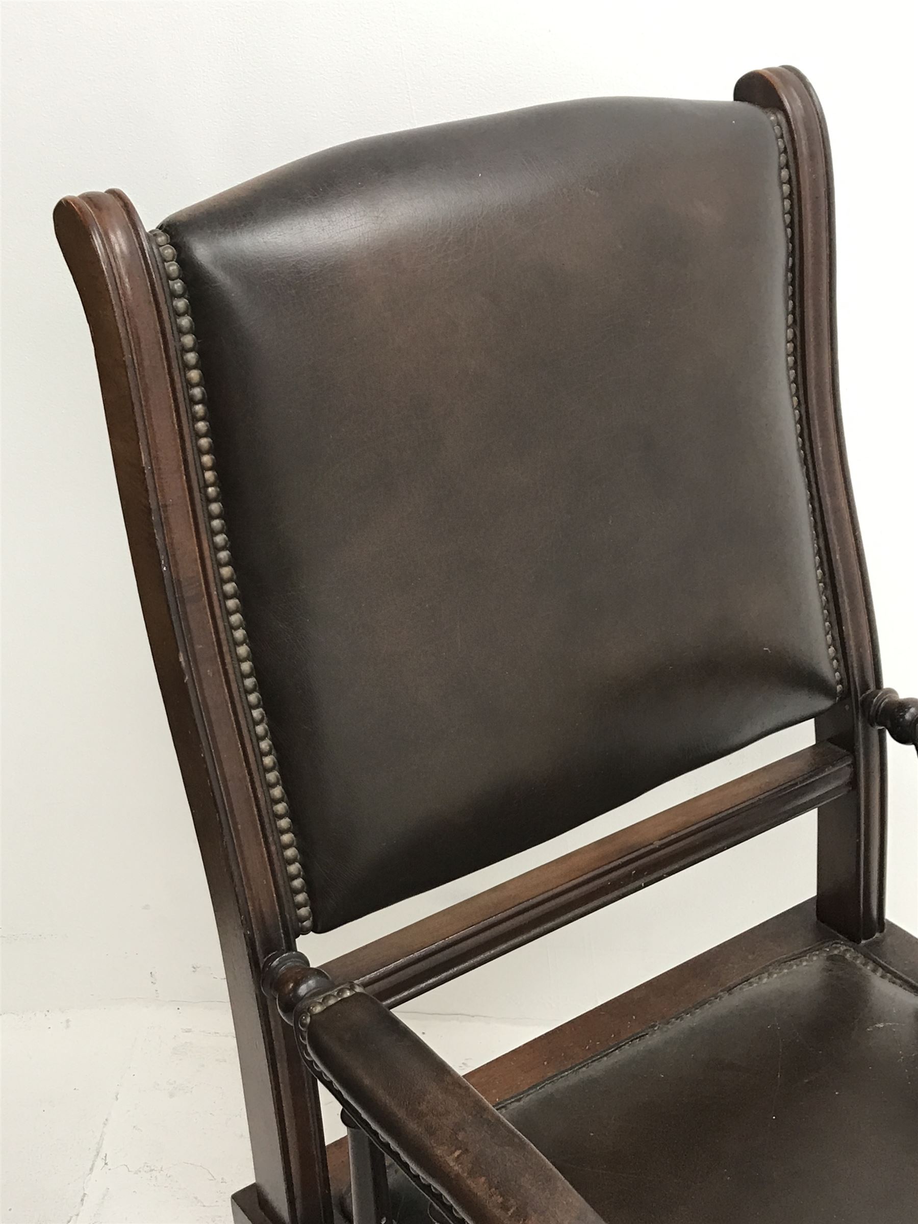 19th century mahogany framed American rocking armchair, seat, back and arms upholstered in brown stu - Image 5 of 5