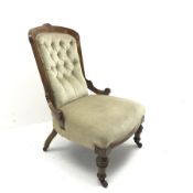 Victorian inlaid walnut nursing chair, shaped cresting rail, upholstered in deep buttoned fabric, tu