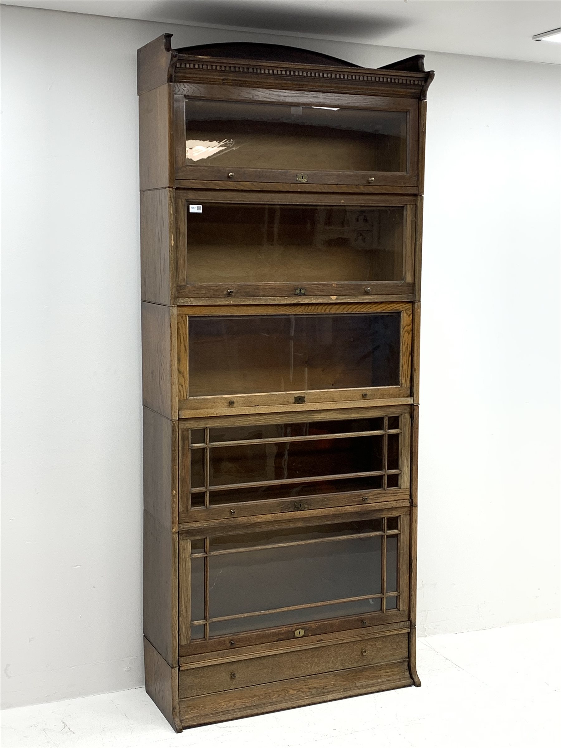 Early 20th century oak stacking library bookcase, five graduating sections with hinged and sliding g - Image 2 of 9