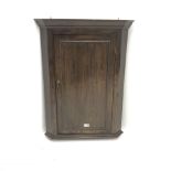 19th century oak pan corner cupboard, projecting cornice, single doors, W65cm, H88cm, D43cm