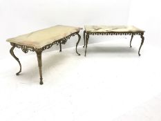 Two vintage onyx coffee tables on ornate gilt metal bases, shaped top table - 111cm x 52cm, H50cm, r