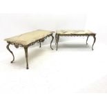 Two vintage onyx coffee tables on ornate gilt metal bases, shaped top table - 111cm x 52cm, H50cm, r