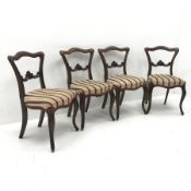 Set four 19th century rosewood chairs, shaped resting rail, carved detailing, serpentine upholstered