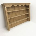 Mid century three tier pine wall rack, projecting cornice, W159cm, H112cm, D29cm