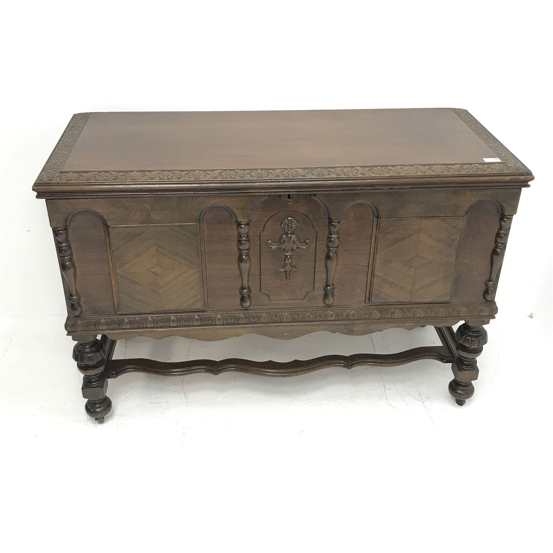 20th century walnut blanket chest, hinged top with relief carved foliate banding, on turned and carv - Image 5 of 7