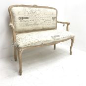 Two seat French style settee, beech framed, on cabriole supports, W114cm